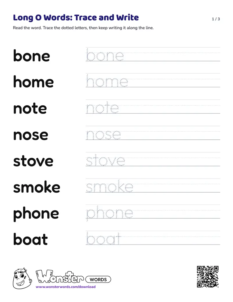 Page 1 of the Long O Words: Trace and Write worksheet (3 pages): 20 words
