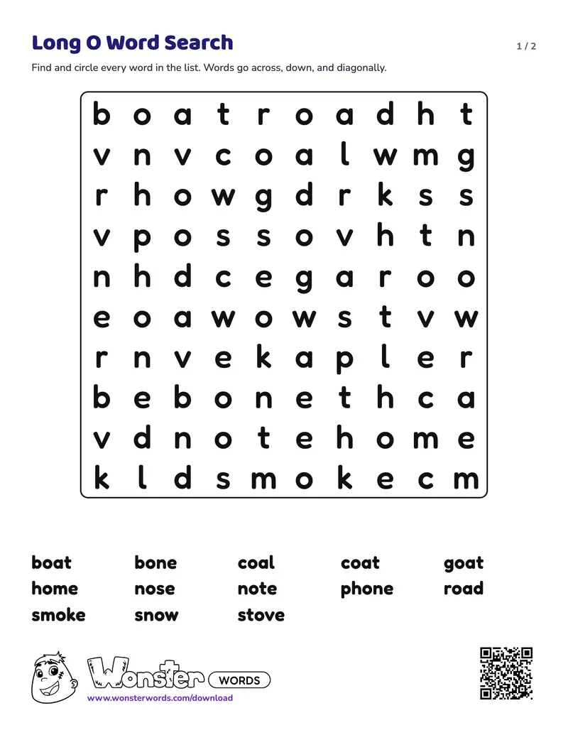 Page 1 of the Long O Word Search worksheet (2 pages): 13 words, answer key included