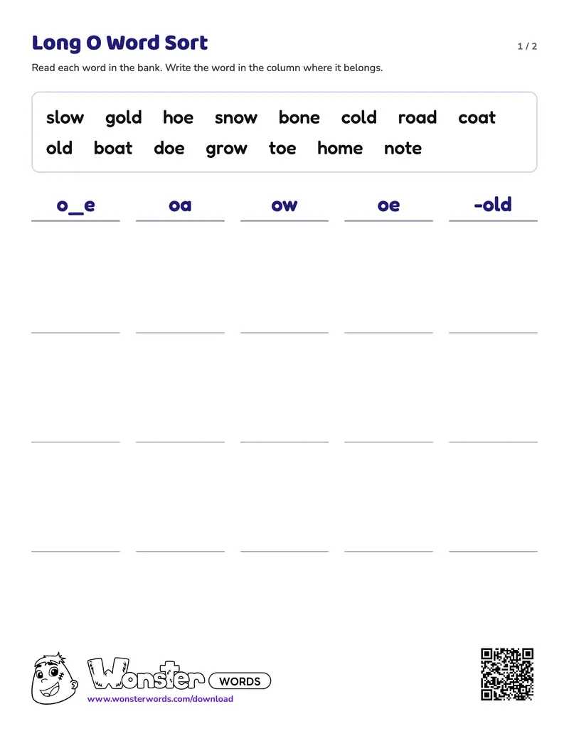 Page 1 of the Long O Word Sort worksheet (2 pages): 15 words, answer key included