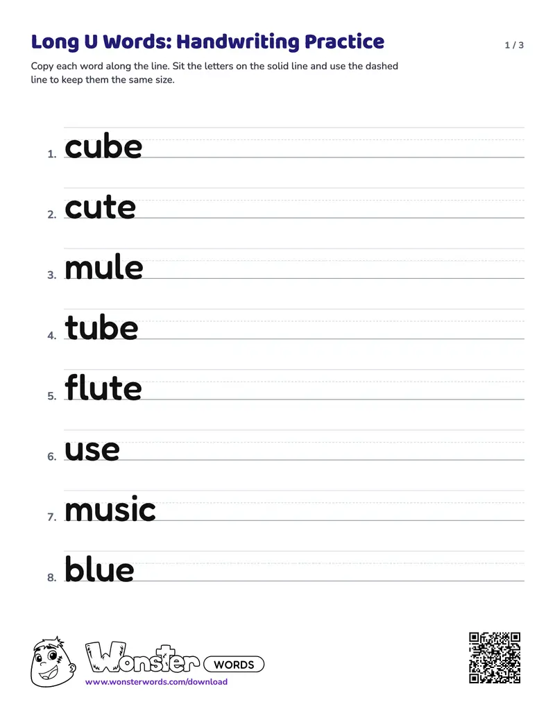 Page 1 of the Long U Words: Handwriting Practice worksheet (3 pages): 20 words