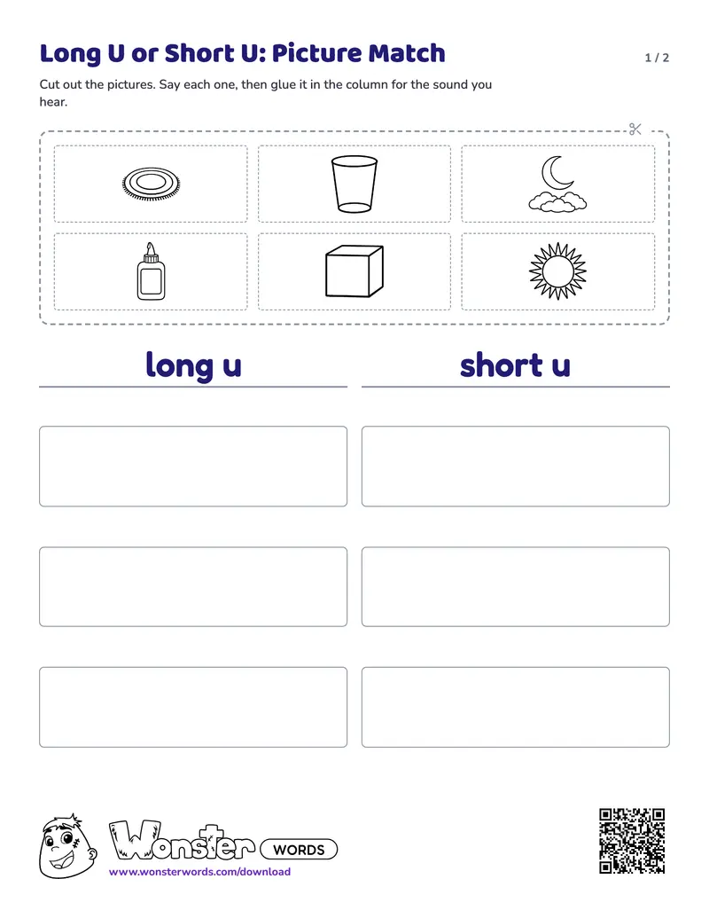 Page 1 of the Long U or Short U: Picture Match worksheet (2 pages): 6 pictures, answer key included