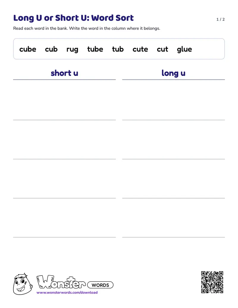 Page 1 of the Long U or Short U: Word Sort worksheet (2 pages): 8 words, answer key included