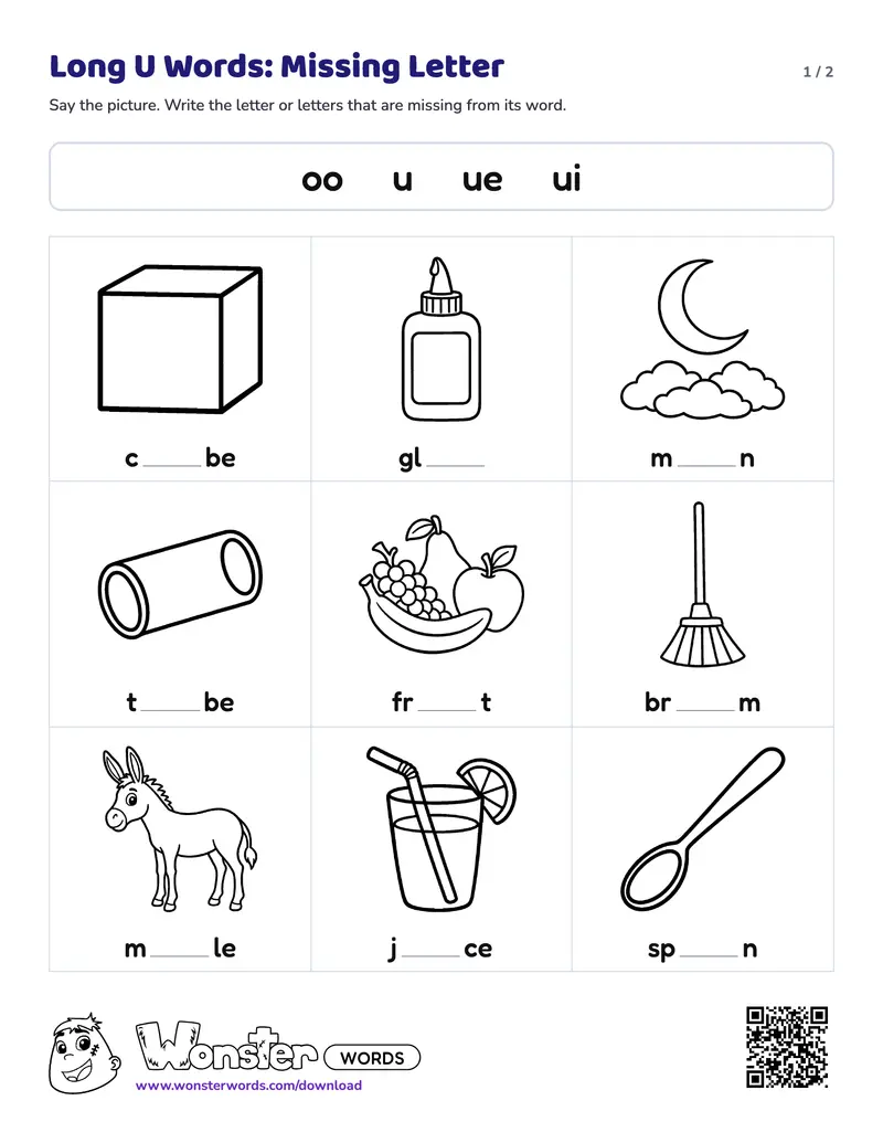 Page 1 of the Long U Words: Missing Letter worksheet (2 pages): 9 pictures, answer key included