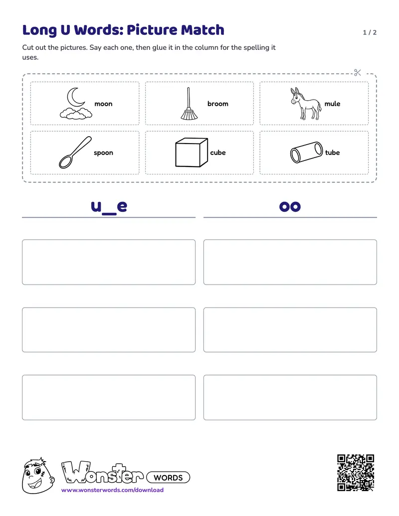Page 1 of the Long U Words: Picture Match worksheet (2 pages): 6 pictures, answer key included