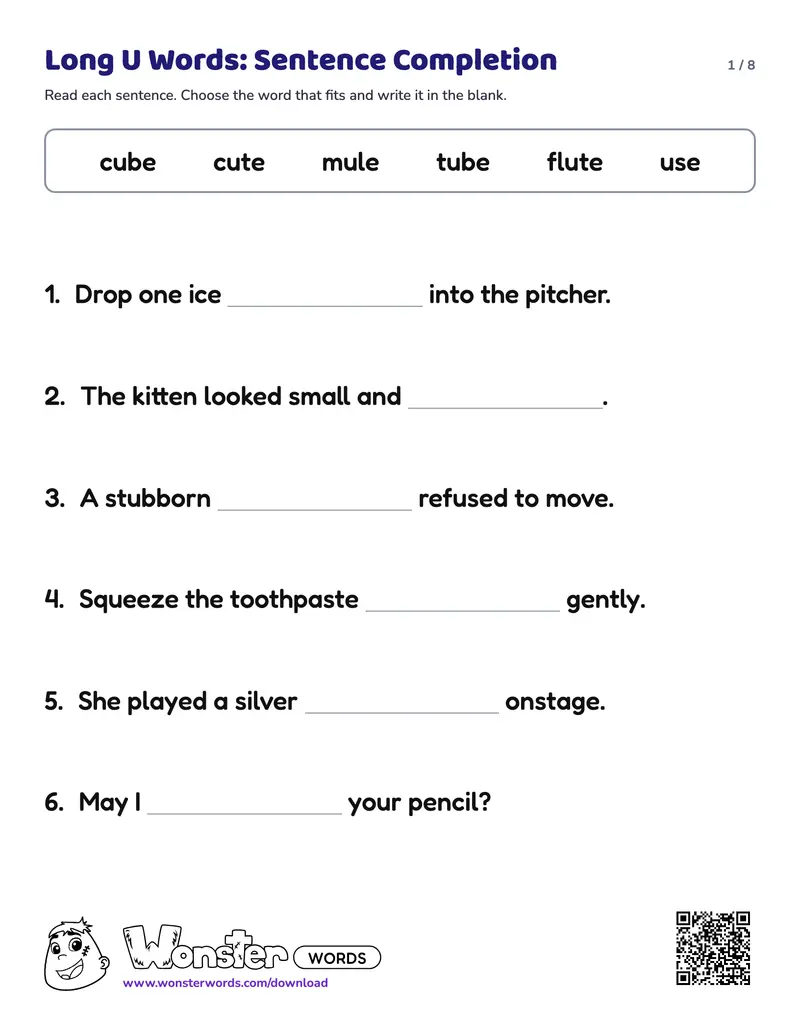 Page 1 of the Long U Words: Sentence Completion worksheet (8 pages): 23 sentences, answer key included
