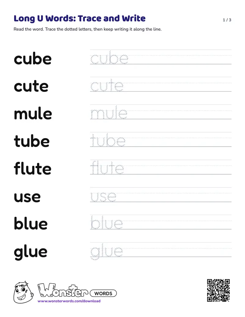 Page 1 of the Long U Words: Trace and Write worksheet (3 pages): 20 words