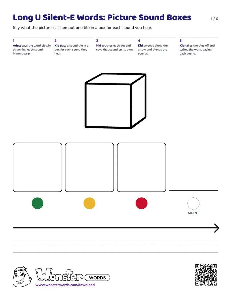 Page 1 of the Long U Silent-E Words: Picture Sound Boxes worksheet (6 pages): 3 picture mats, answer key included