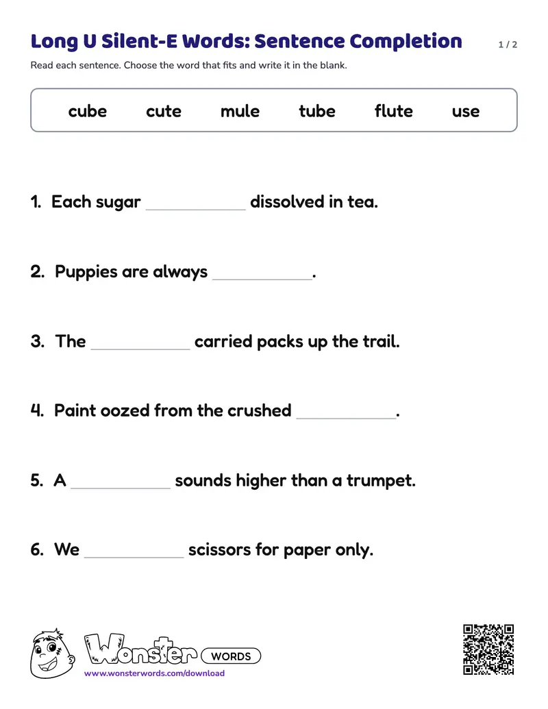 Page 1 of the Long U Silent-E Words: Sentence Completion worksheet (2 pages): 6 sentences, answer key included