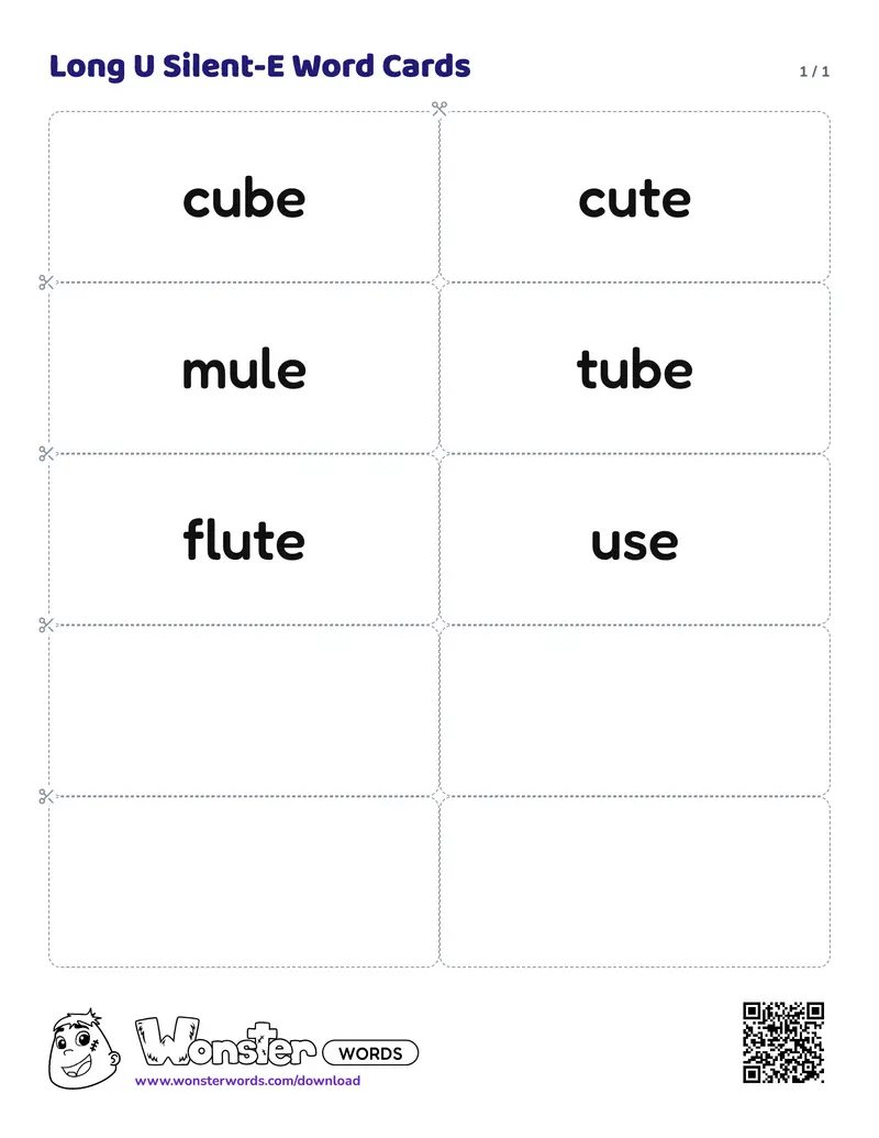 The Long U Silent-E Word Cards worksheet: 6 cards