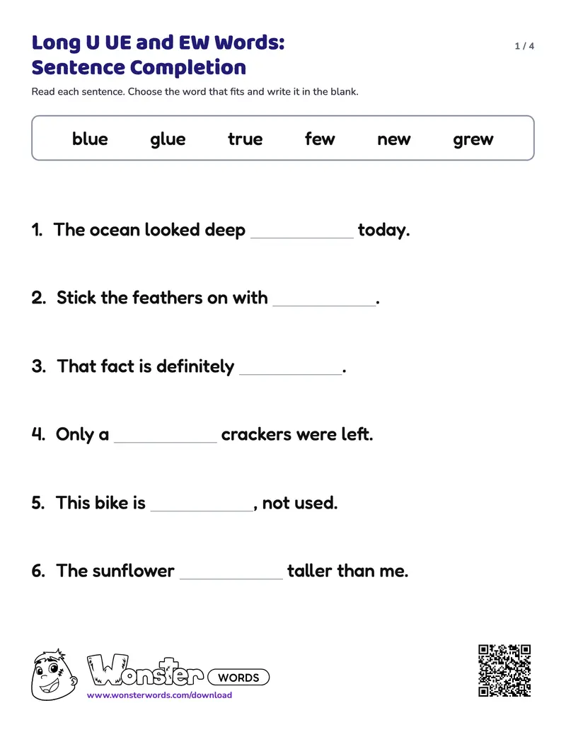 Page 1 of the Long U UE and EW Words: Sentence Completion worksheet (4 pages): 7 sentences, answer key included