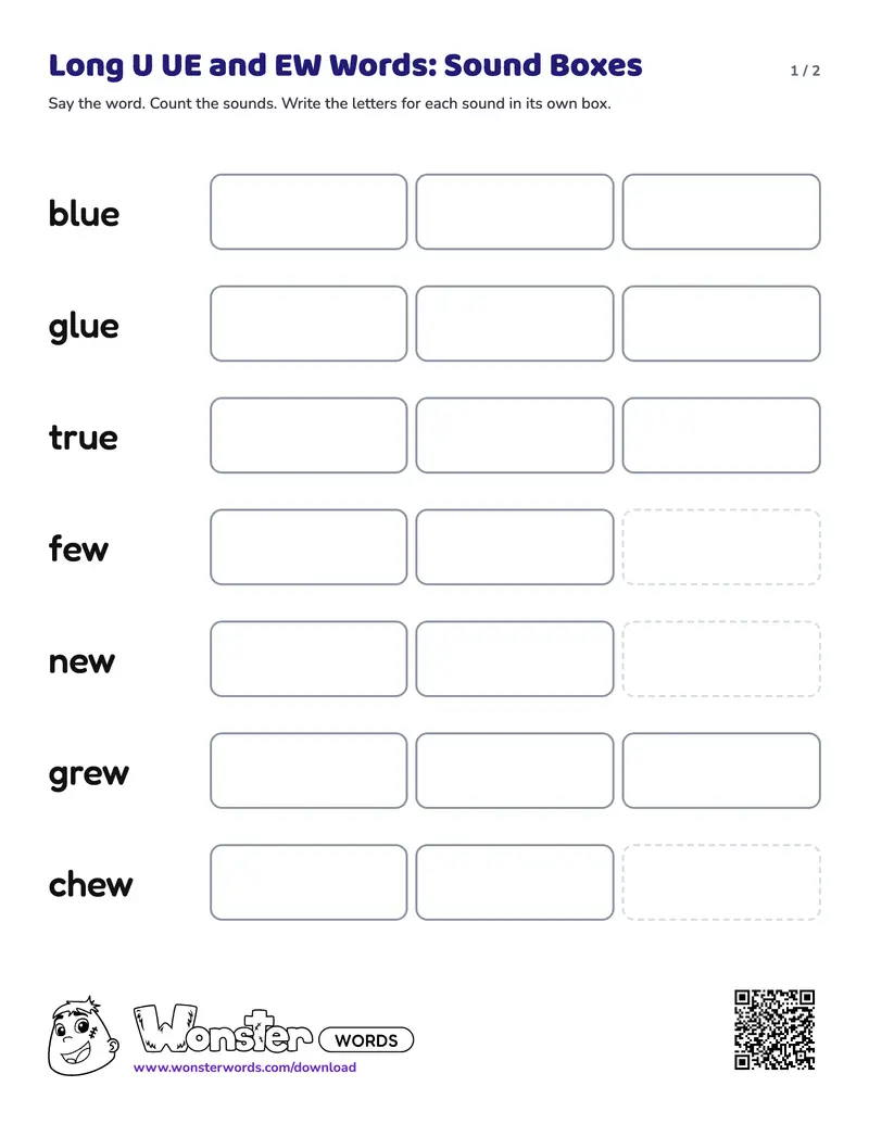 Page 1 of the Long U UE and EW Words: Sound Boxes worksheet (2 pages): 7 words, answer key included