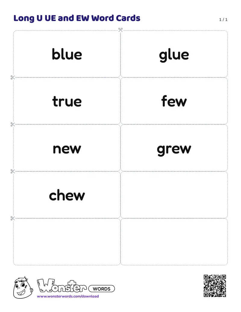 The Long U UE and EW Word Cards worksheet: 7 cards