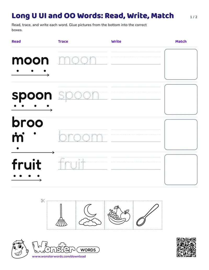 Page 1 of the Long U UI and OO Words: Read, Write, Match worksheet (2 pages): 4 words, answer key included