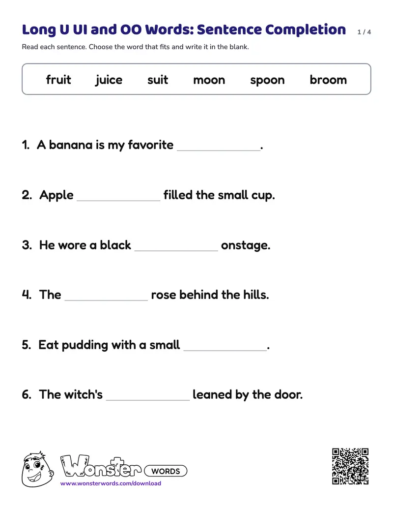 Page 1 of the Long U UI and OO Words: Sentence Completion worksheet (4 pages): 7 sentences, answer key included