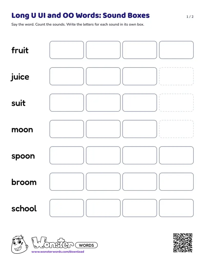Page 1 of the Long U UI and OO Words: Sound Boxes worksheet (2 pages): 7 words, answer key included