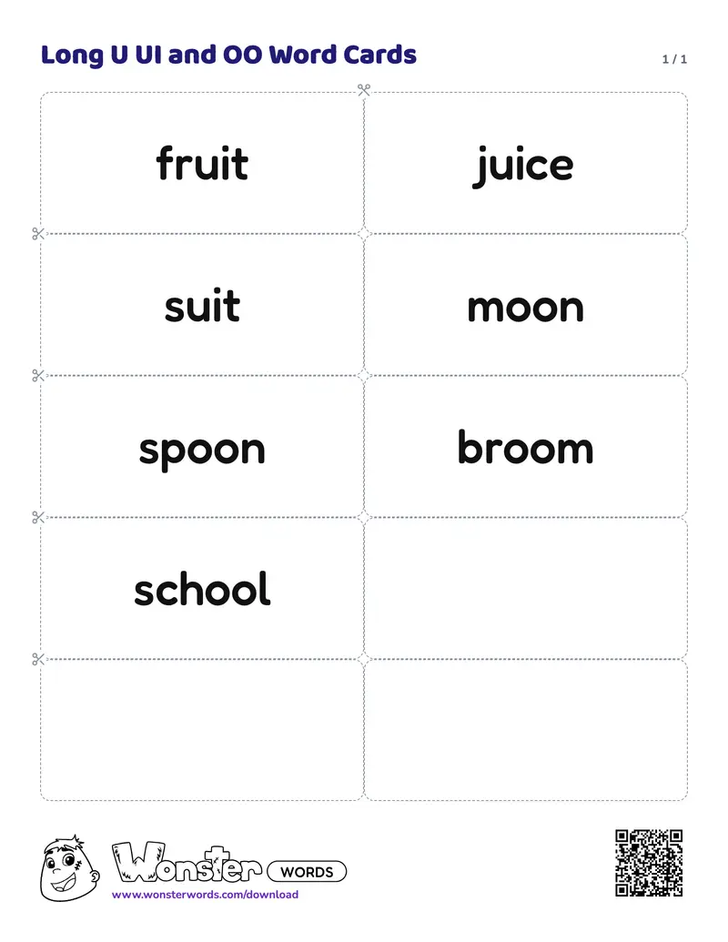 The Long U UI and OO Word Cards worksheet: 7 cards