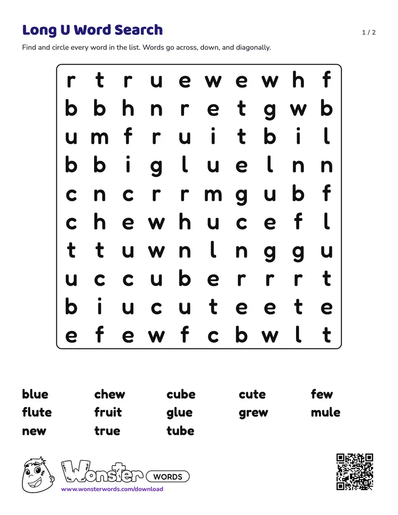 Page 1 of the Long U Word Search worksheet (2 pages): 13 words, answer key included
