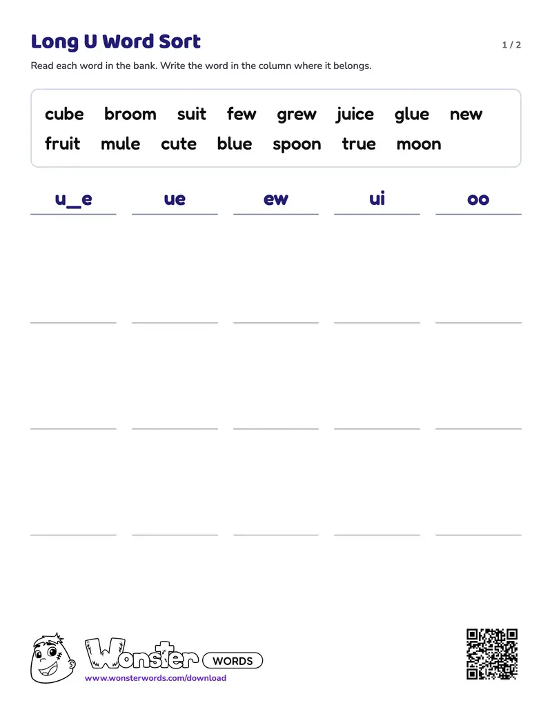 Page 1 of the Long U Word Sort worksheet (2 pages): 15 words, answer key included