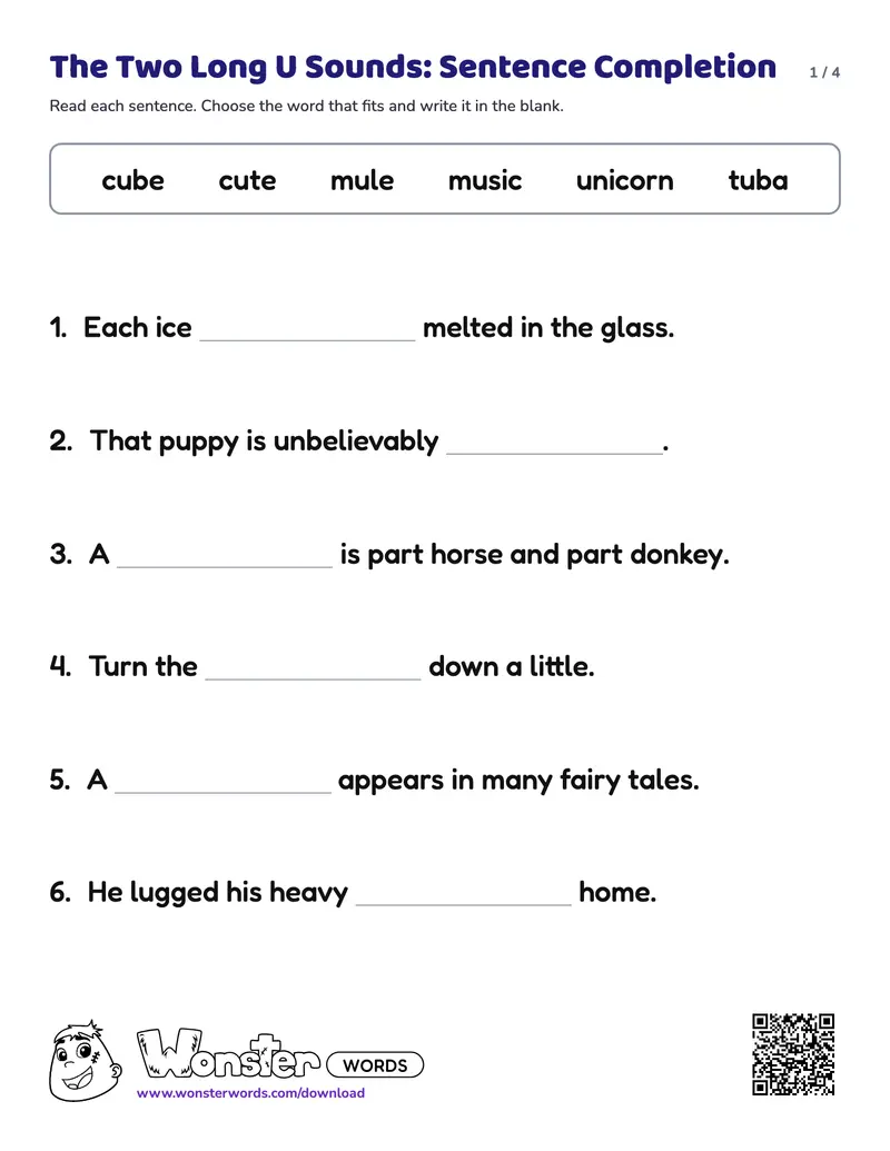 Page 1 of the The Two Long U Sounds: Sentence Completion worksheet (4 pages): 10 sentences, answer key included