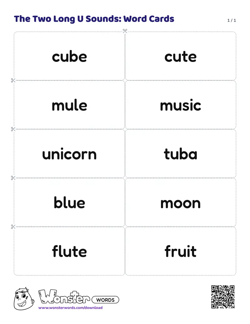 The The Two Long U Sounds: Word Cards worksheet: 10 cards
