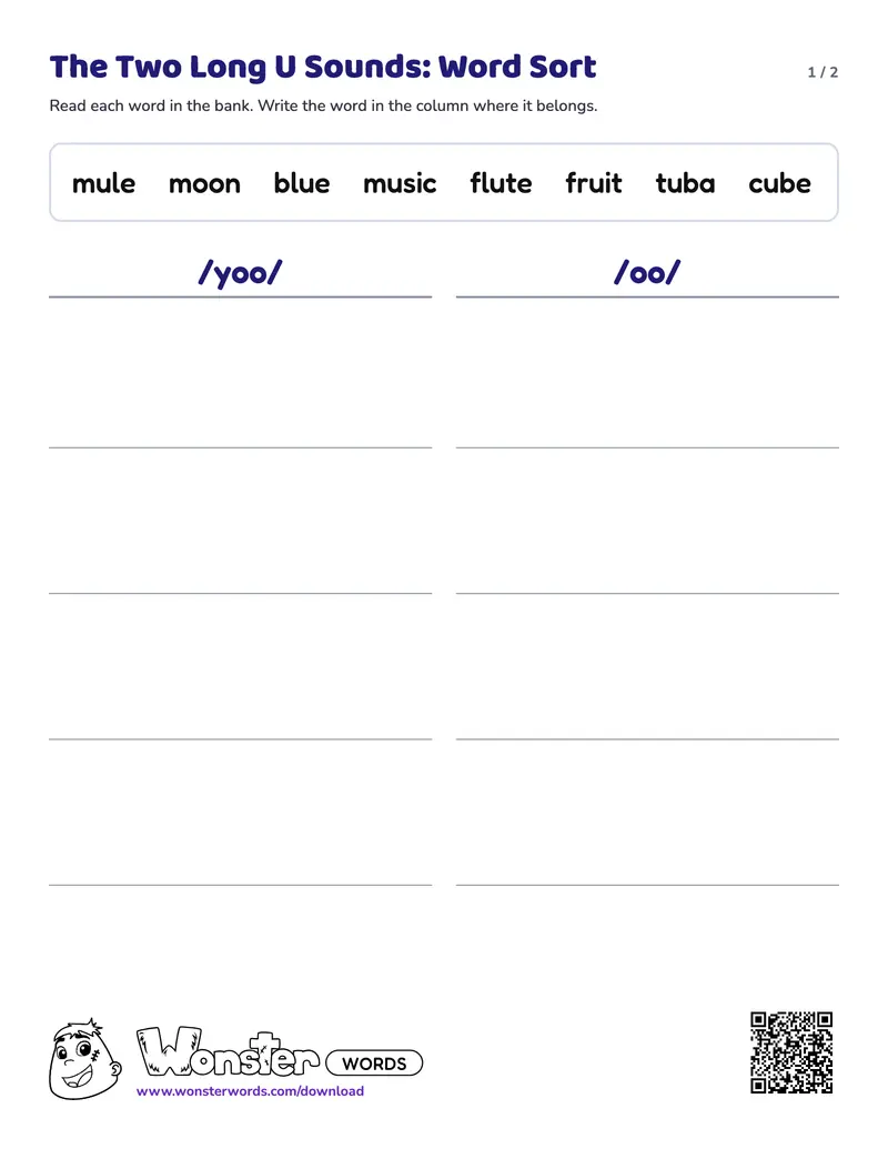 Page 1 of the The Two Long U Sounds: Word Sort worksheet (2 pages): 8 words, answer key included