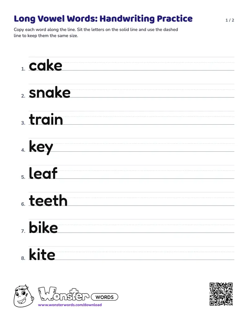Page 1 of the Long Vowel Words: Handwriting Practice worksheet (2 pages): 15 words