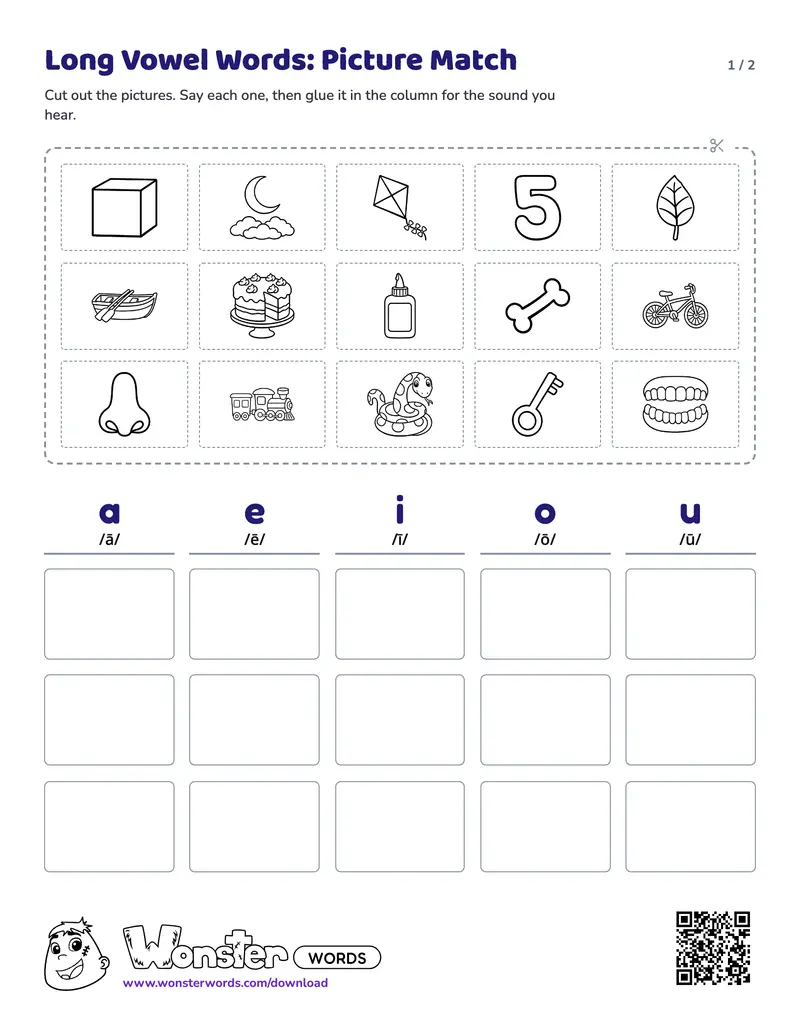 Page 1 of the Long Vowel Words: Picture Match worksheet (2 pages): 15 pictures, answer key included