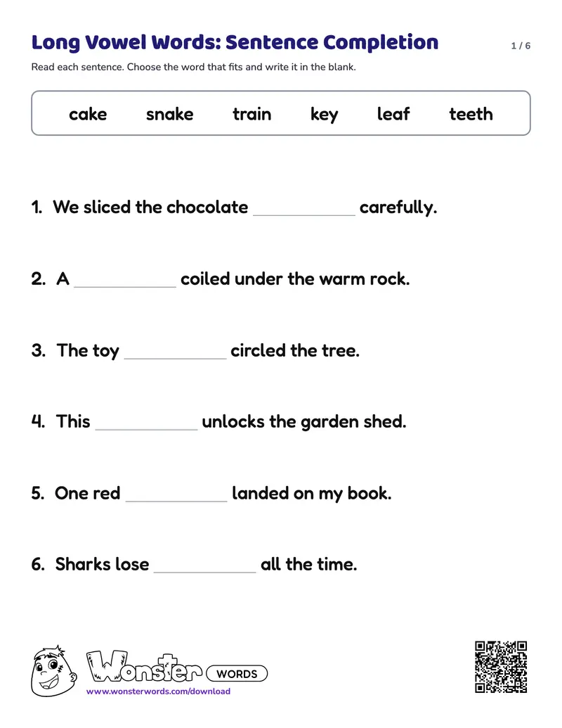 Page 1 of the Long Vowel Words: Sentence Completion worksheet (6 pages): 15 sentences, answer key included