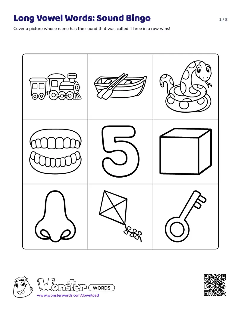 Page 1 of the Long Vowel Words: Sound Bingo worksheet (8 pages): 15 pictures, answer key included