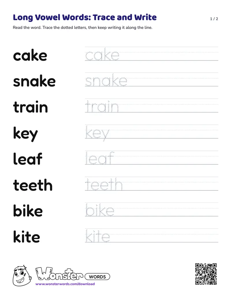 Page 1 of the Long Vowel Words: Trace and Write worksheet (2 pages): 15 words
