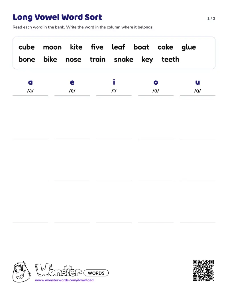 Page 1 of the Long Vowel Word Sort worksheet (2 pages): 15 words, answer key included