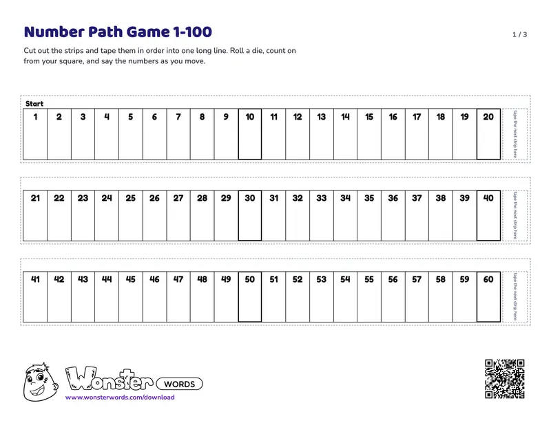 Page 1 of the Number Path Game 1-100 worksheet (4 pages): 100 numbers