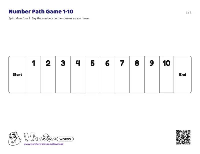 Page 1 of the Number Path Game 1-10 worksheet (3 pages): 10 numbers