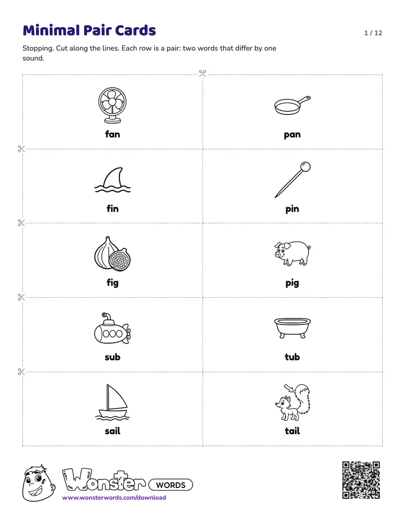 Page 1 of the Minimal Pair Cards worksheet (12 pages): 44 pairs