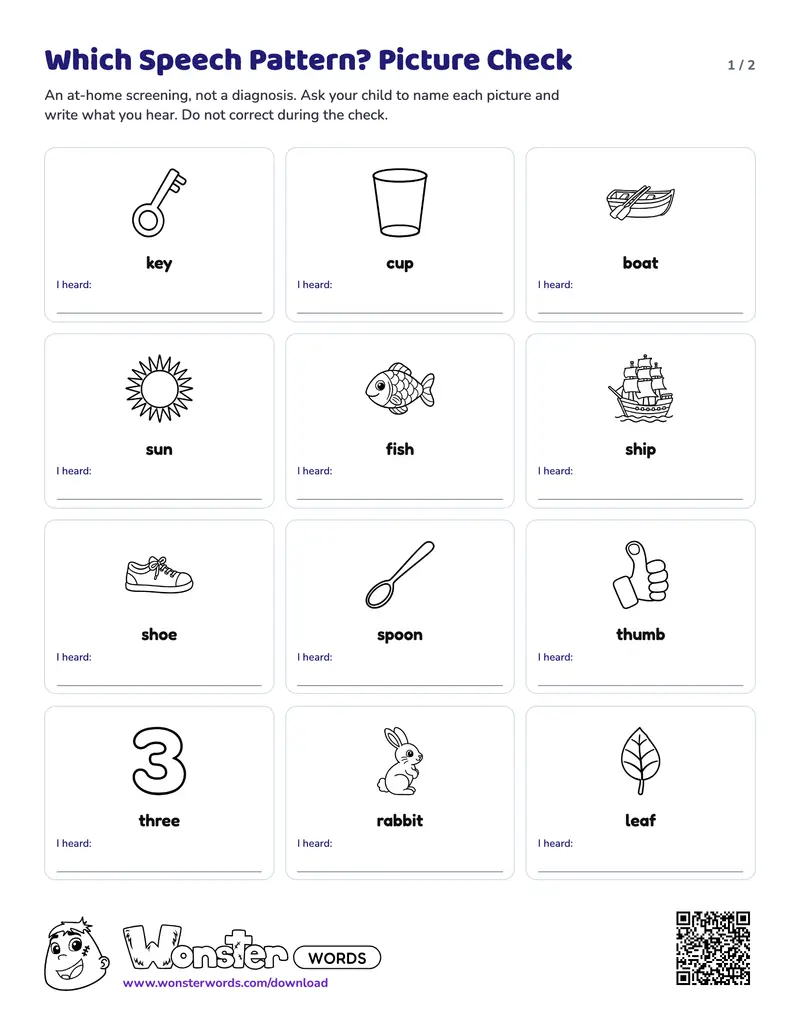 Page 1 of the Which Speech Pattern? Picture Check worksheet (2 pages): 12 pictures