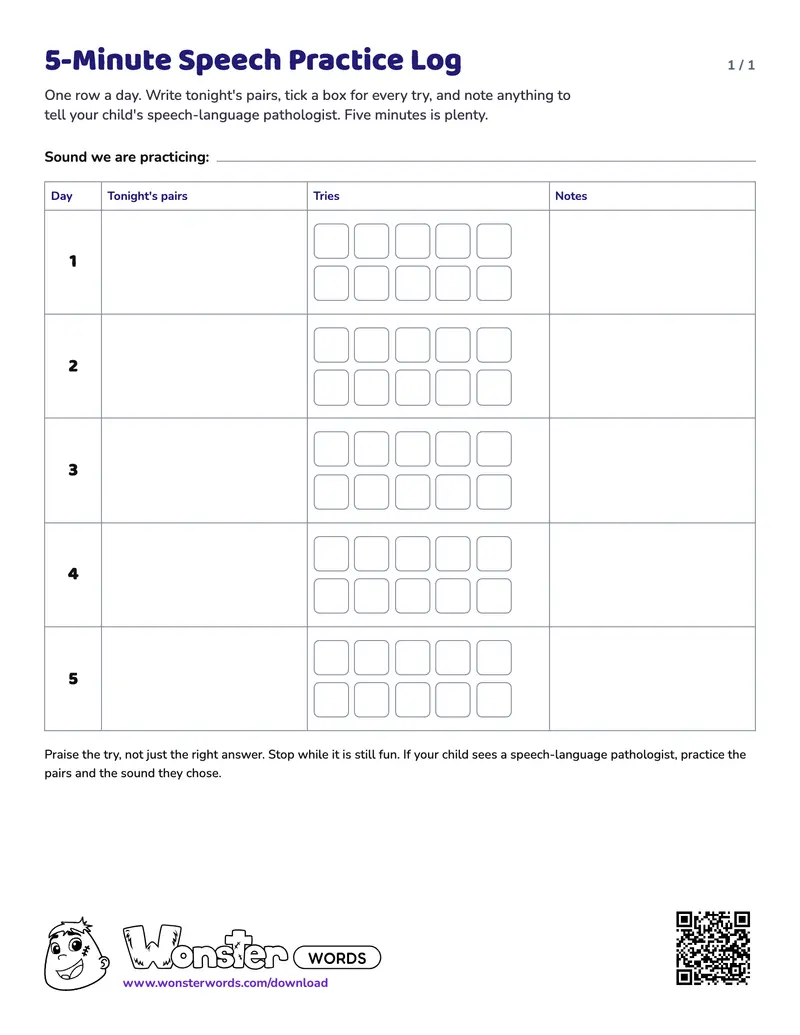 The 5-Minute Speech Practice Log worksheet: 5 days
