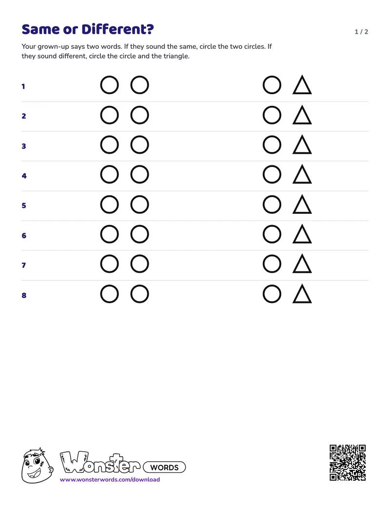 Page 1 of the Same or Different? worksheet (2 pages): 8 pairs, answer key included