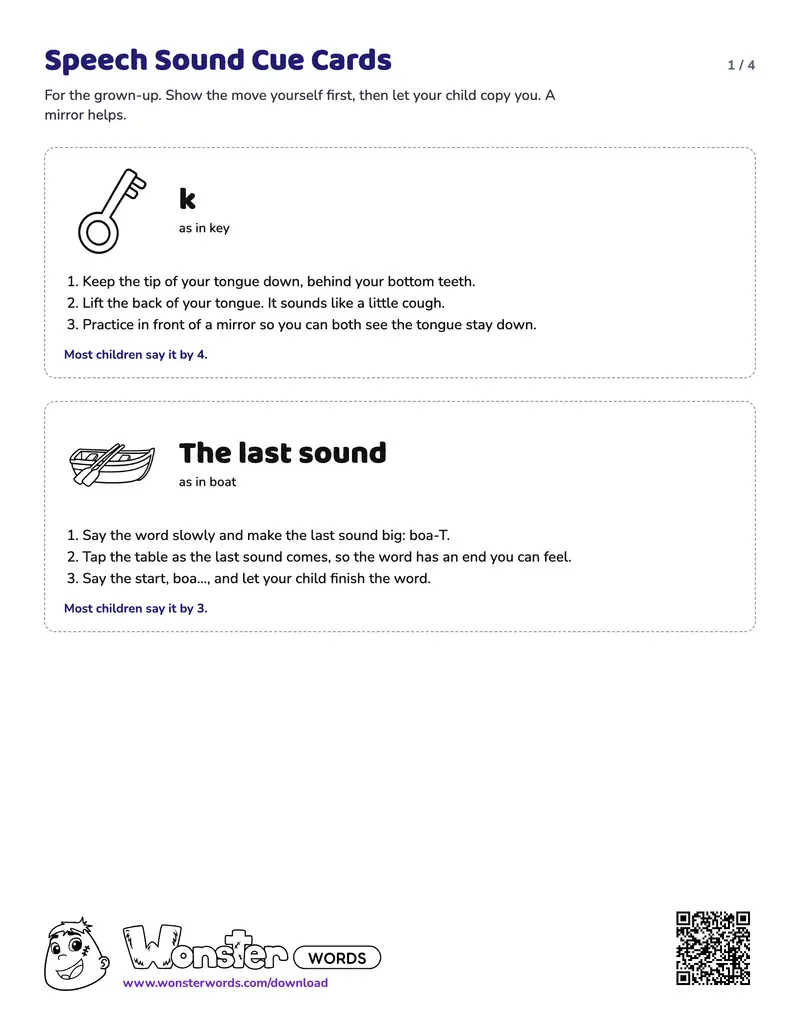 Page 1 of the Speech Sound Cue Cards worksheet (4 pages): 7 sounds