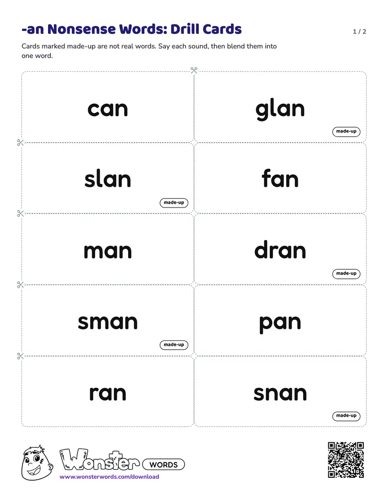 Page 1 of the -an Nonsense Words: Drill Cards worksheet (2 pages): 10 cards