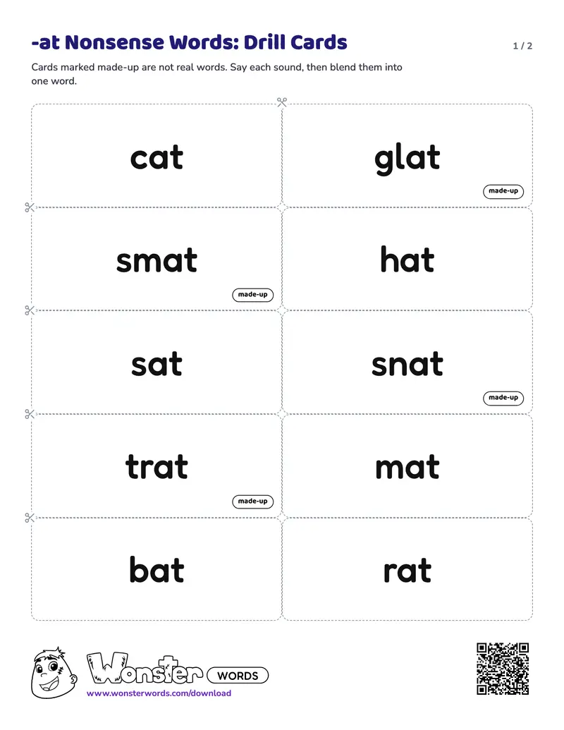 Page 1 of the -at Nonsense Words: Drill Cards worksheet (2 pages): 10 cards
