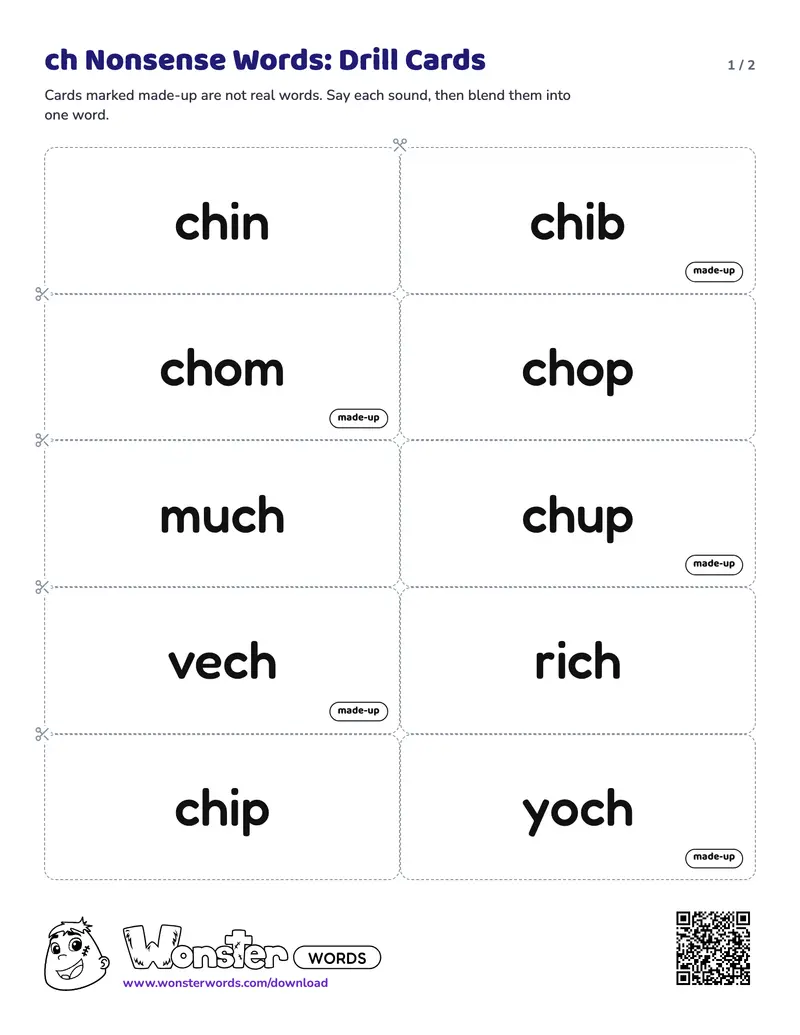 Page 1 of the ch Nonsense Words: Drill Cards worksheet (2 pages): 10 cards