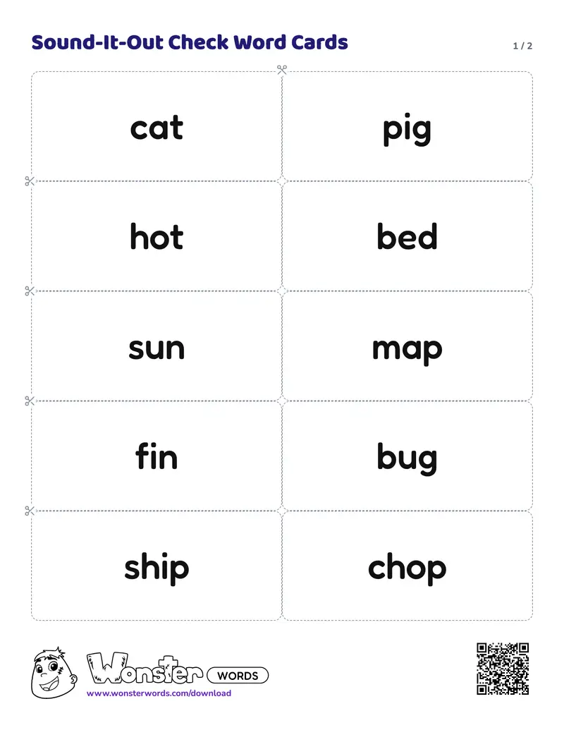 Page 1 of the Sound-It-Out Check Word Cards worksheet (2 pages): 20 cards