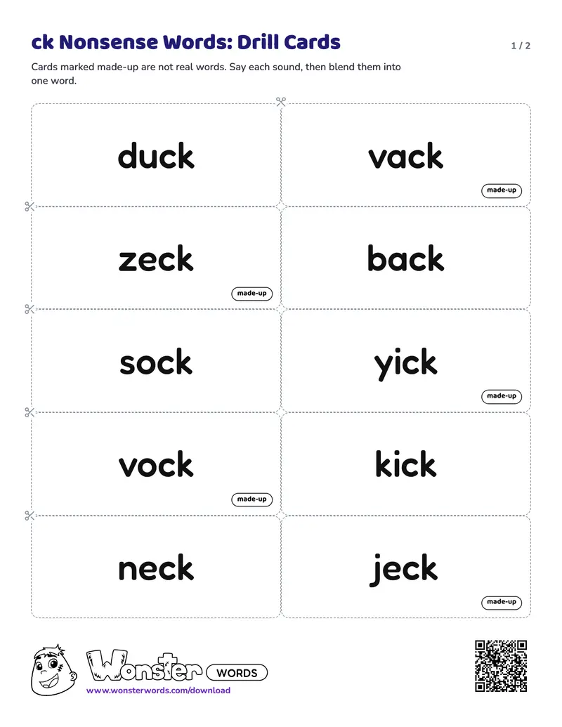 Page 1 of the ck Nonsense Words: Drill Cards worksheet (2 pages): 10 cards