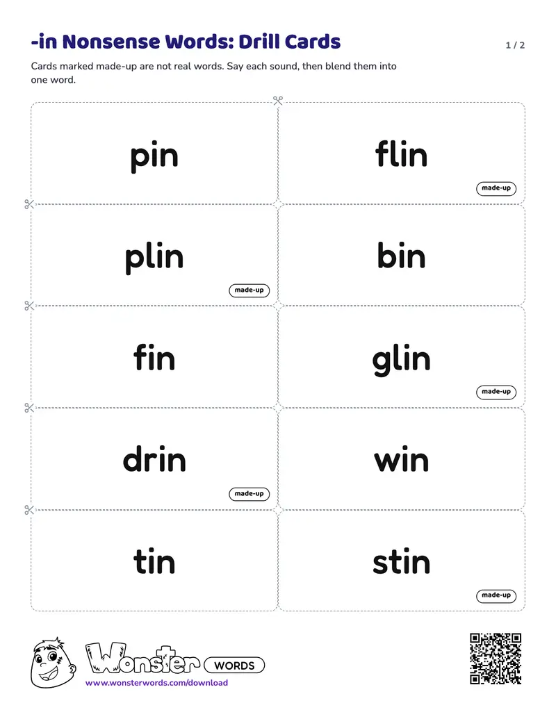 Page 1 of the -in Nonsense Words: Drill Cards worksheet (2 pages): 10 cards