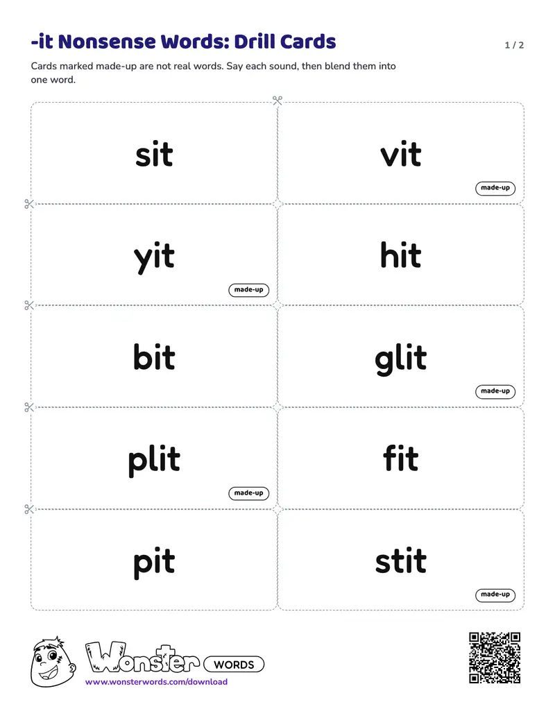 Page 1 of the -it Nonsense Words: Drill Cards worksheet (2 pages): 10 cards