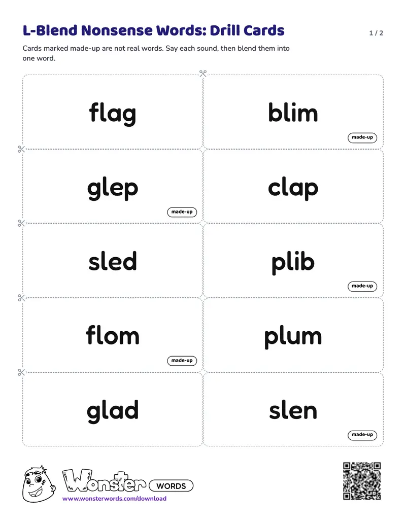 Page 1 of the L-Blend Nonsense Words: Drill Cards worksheet (2 pages): 10 cards