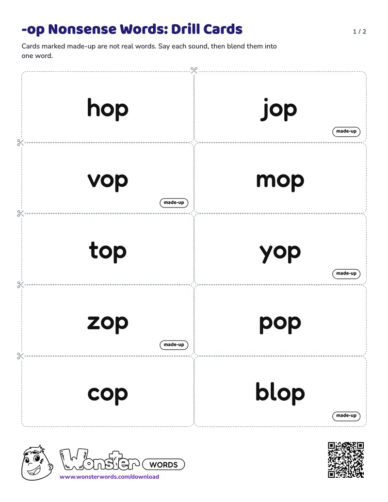 Page 1 of the -op Nonsense Words: Drill Cards worksheet (2 pages): 10 cards