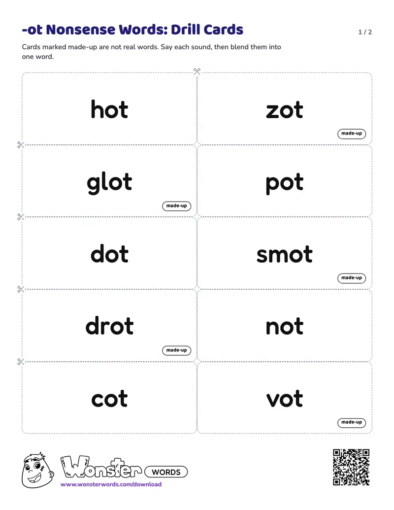 Page 1 of the -ot Nonsense Words: Drill Cards worksheet (2 pages): 10 cards