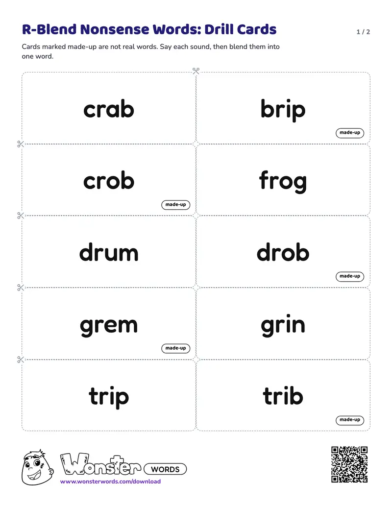 Page 1 of the R-Blend Nonsense Words: Drill Cards worksheet (2 pages): 10 cards