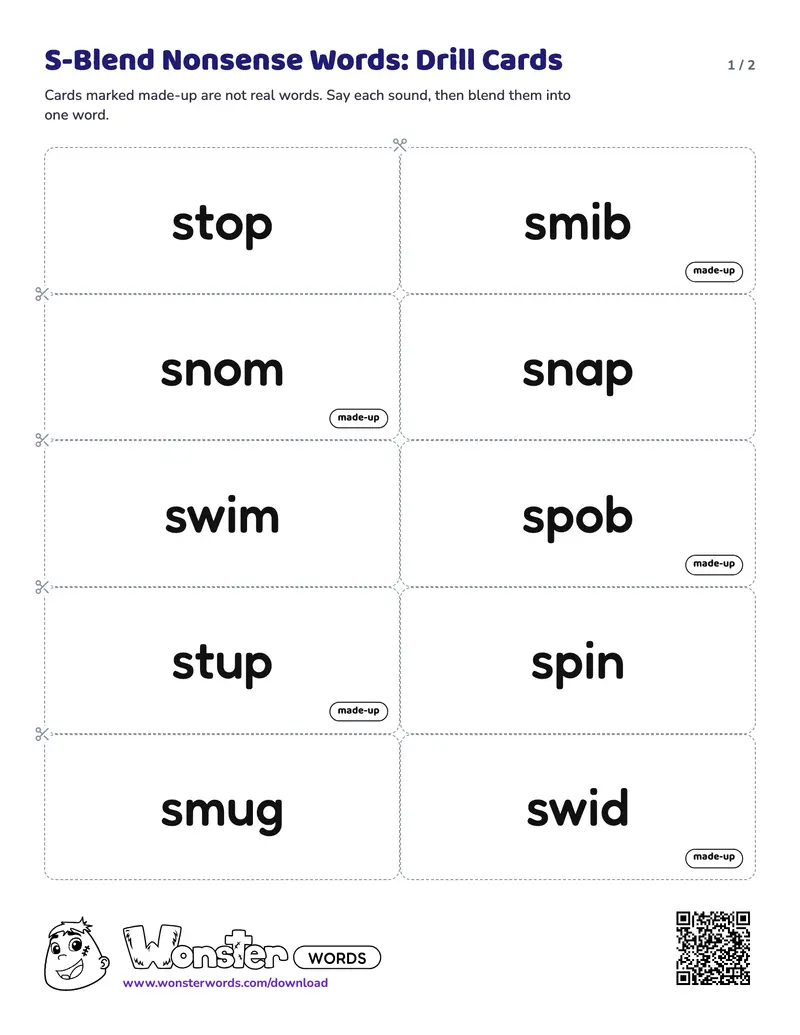 Page 1 of the S-Blend Nonsense Words: Drill Cards worksheet (2 pages): 10 cards